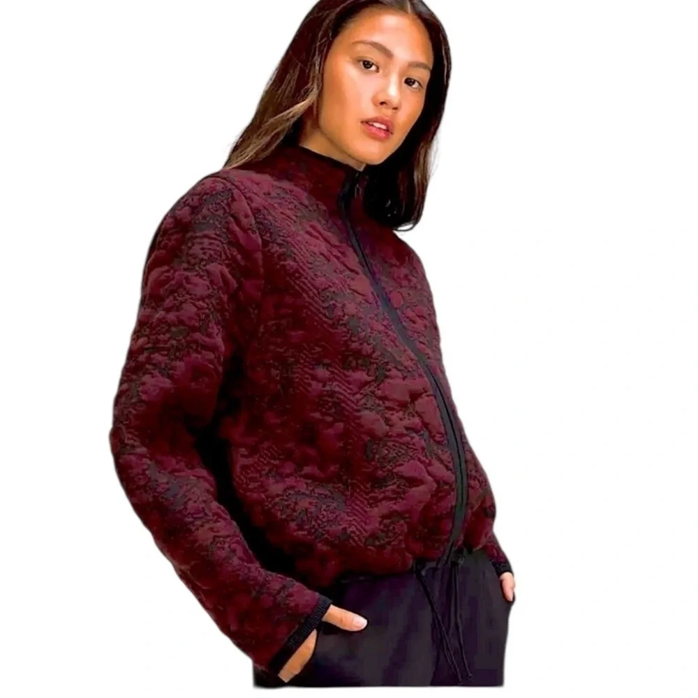 Lululemon Jacquard Wool Blend Burgundy Quilted Bomber Zip Up Jacket Size 12 NWT